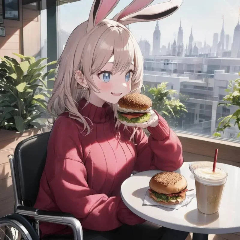 カフェでハンバーガーを食べるうさちゃん