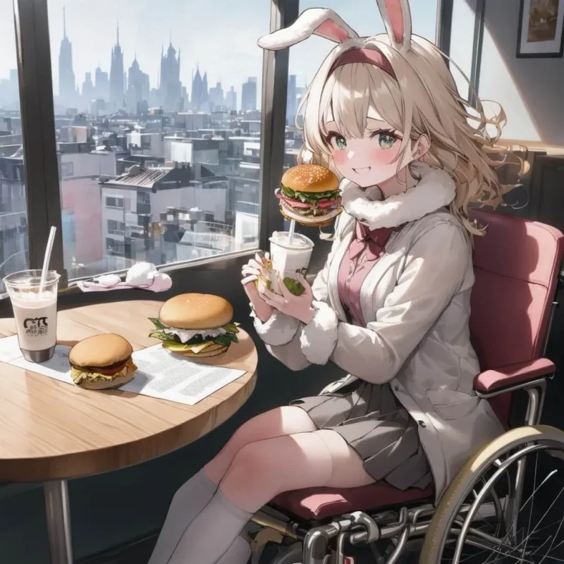カフェでハンバーガーを食べるうさちゃん